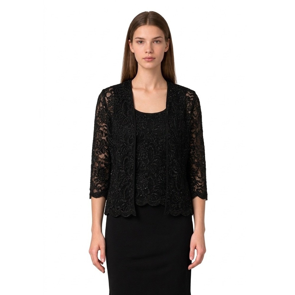 Alex Evenings Black Lace Jacket Cami Top Set Women's Size Large Glitter